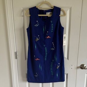 NWT Vintage Victoria Holley Embroidered Fish Navy Sleeveless Shift Dress 10P
